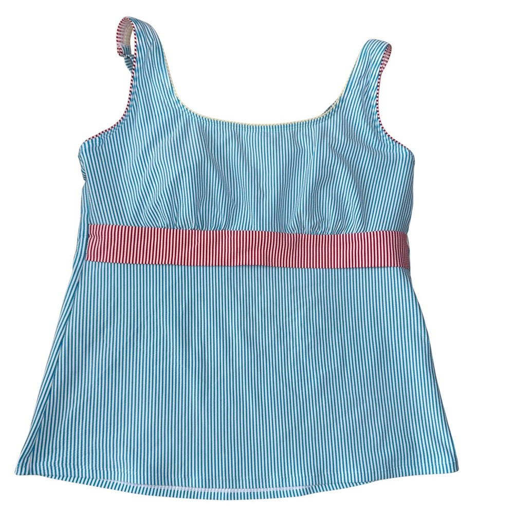 Lands End Striped Tankini Top Turquoise White Red Nautical Seersucker 16D